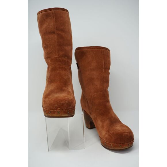 Ugg Lynnea Suede and Shearling Wooden Sole Clog Boots Red Wood Color - Picture 4 of 9